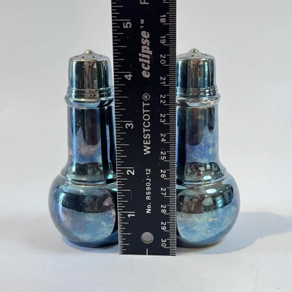 Vintage MCM Blue Lusterware Atomic Salt Pepper Shakers Iridescent Glaze‎